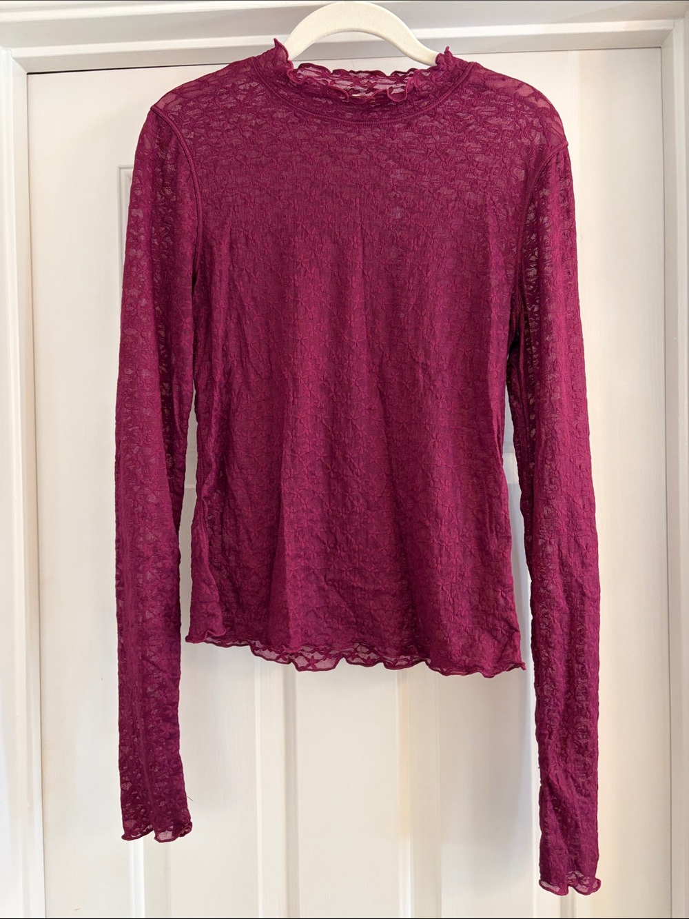 Stretch Lace Long-Sleeve Mock Neck Top - Berry Plum